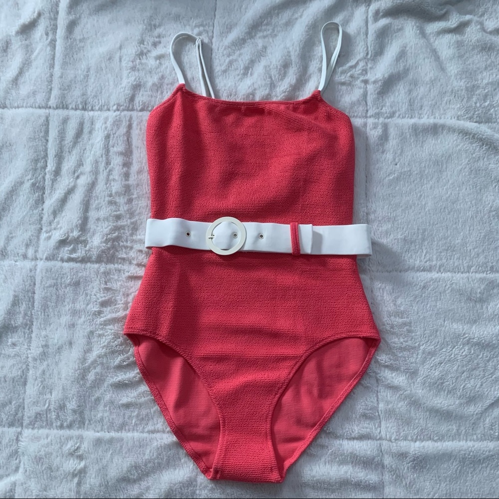Solid & Striped Pink One Piece with White Belt